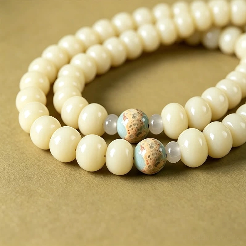 Hand-crafted white bodhi seed mala showing natural texture and carved pendant tassel accent