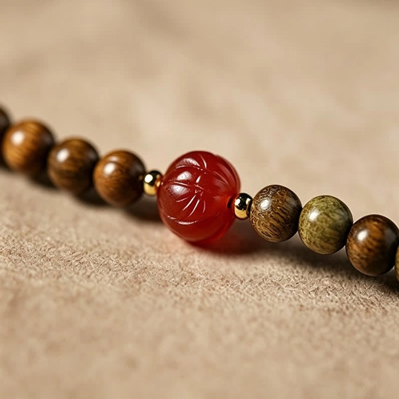 Hand-woven green sandalwood mala bracelet with cat tassel pendant detail and premium craftsmanship