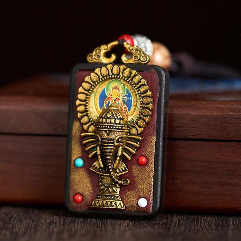 Handcrafted Ganesha ebony wood amulet pendant on rope necklace with beaded fastening