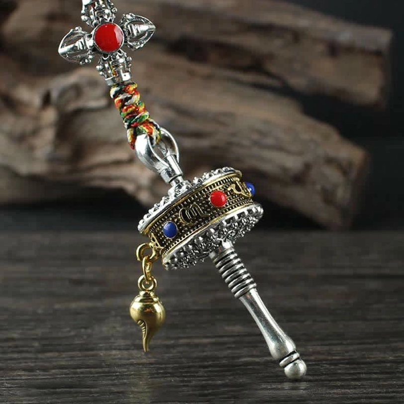 Handcrafted Tibetan prayer wheel car hanging decoration with natural gemstone inlays and eco-friendly alloy construction