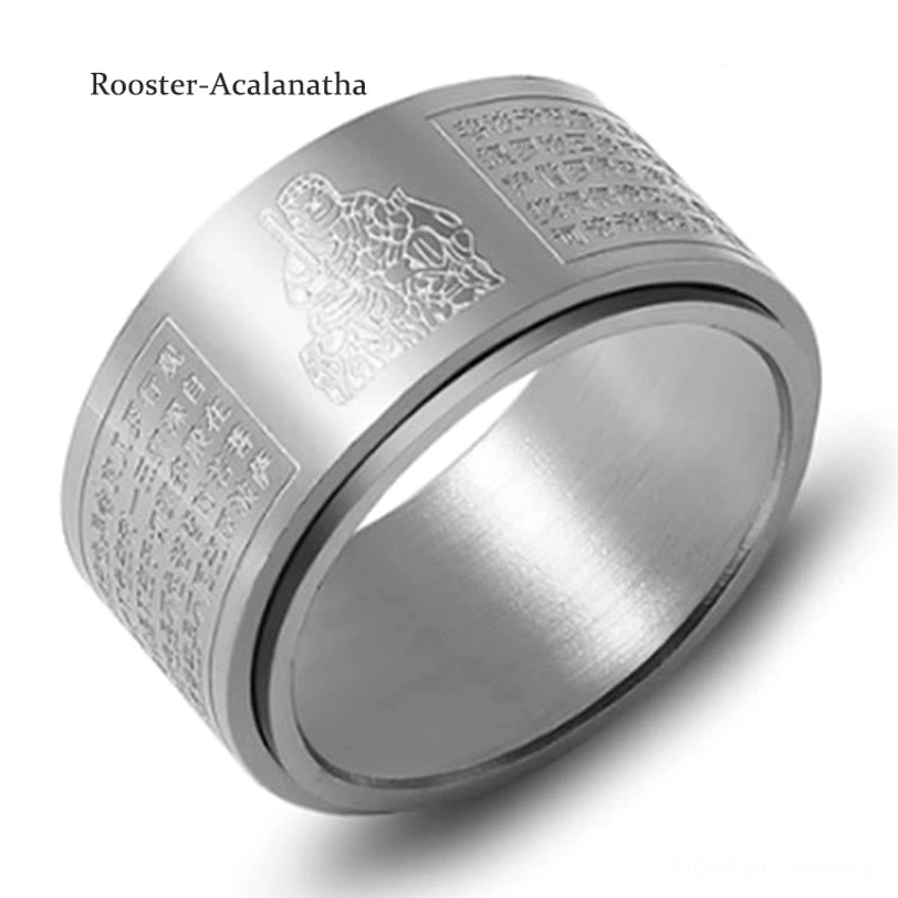 Handcrafted titanium steel zodiac natal Buddha ring showing artisanal quality and spiritual symbolism