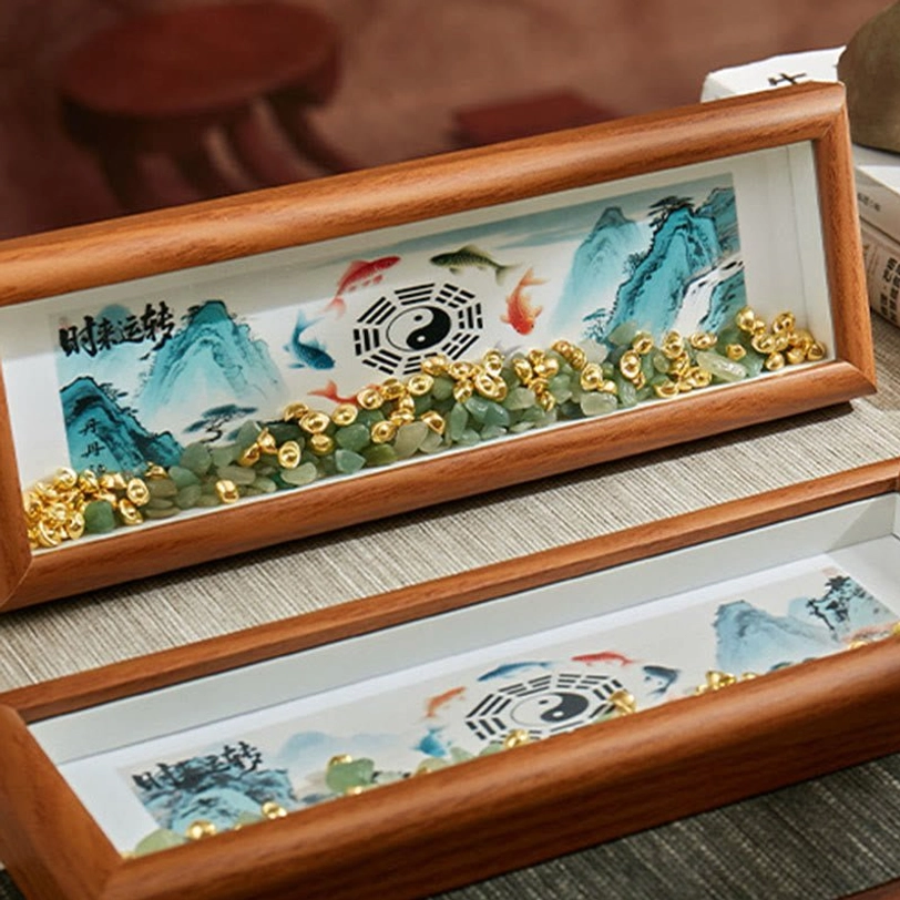 Handmade Bagua koi fish frame with natural green crystal accents for wealth prosperity and harmony