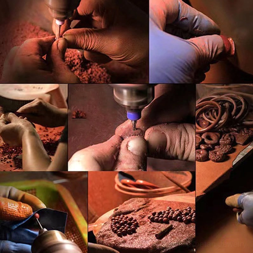 Handmade Tibetan cinnabar jewelry crafting process, showing artisan polishing and assembling blessing pendant