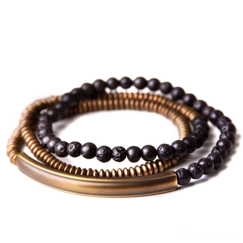 Handmade lava rock and copper grounding bracelet with elastic string - authentic artisan craft
