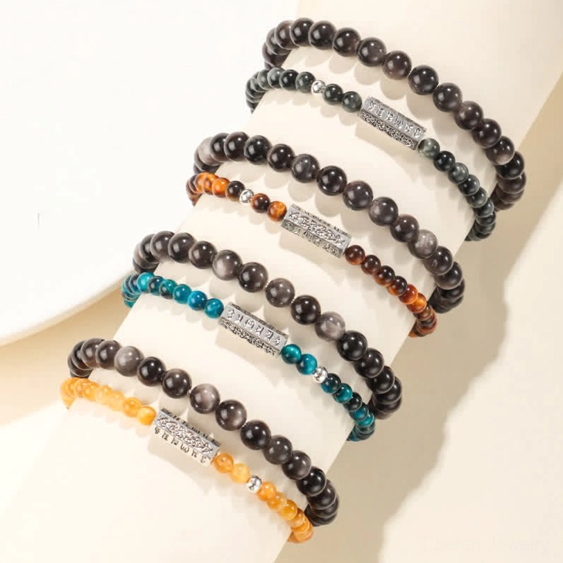 Handmade Silver Sheen Obsidian and stone bead bracelet featuring protective Om Mani Padme Hum spiritual mantra