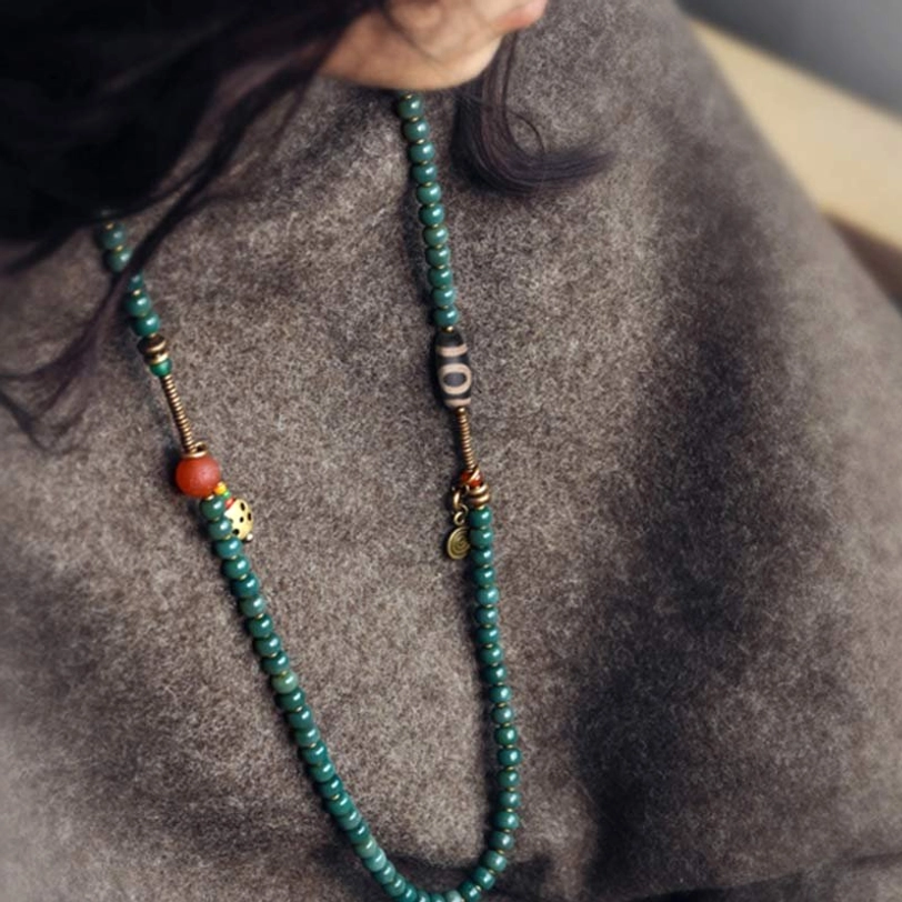 Authentic Handmade Tibetan 108 Bodhi Mala Bracelet with Nine-Eye Dzi Bead and Brass Hardware
