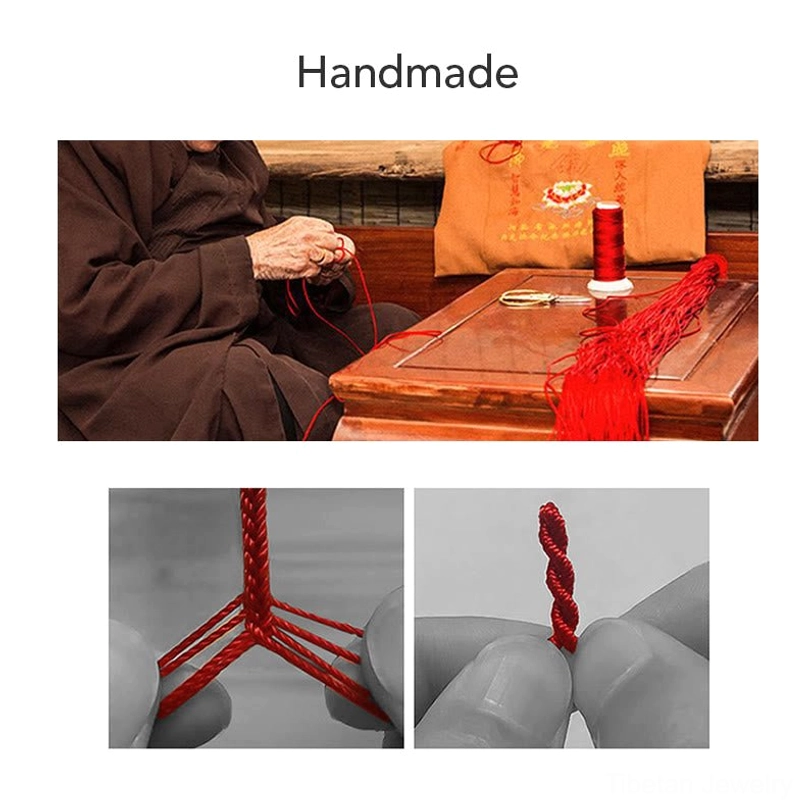 Artisan handmade process of Tibetan protection bracelet showing manual weaving and braiding steps