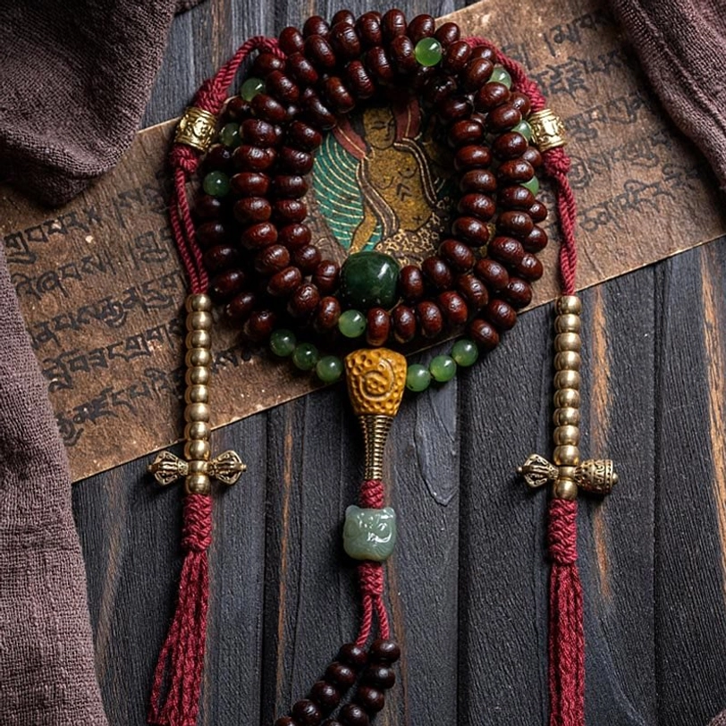 Tibetan 108 mala bracelet handmade craftsmanship with copper dorje and jade spacers