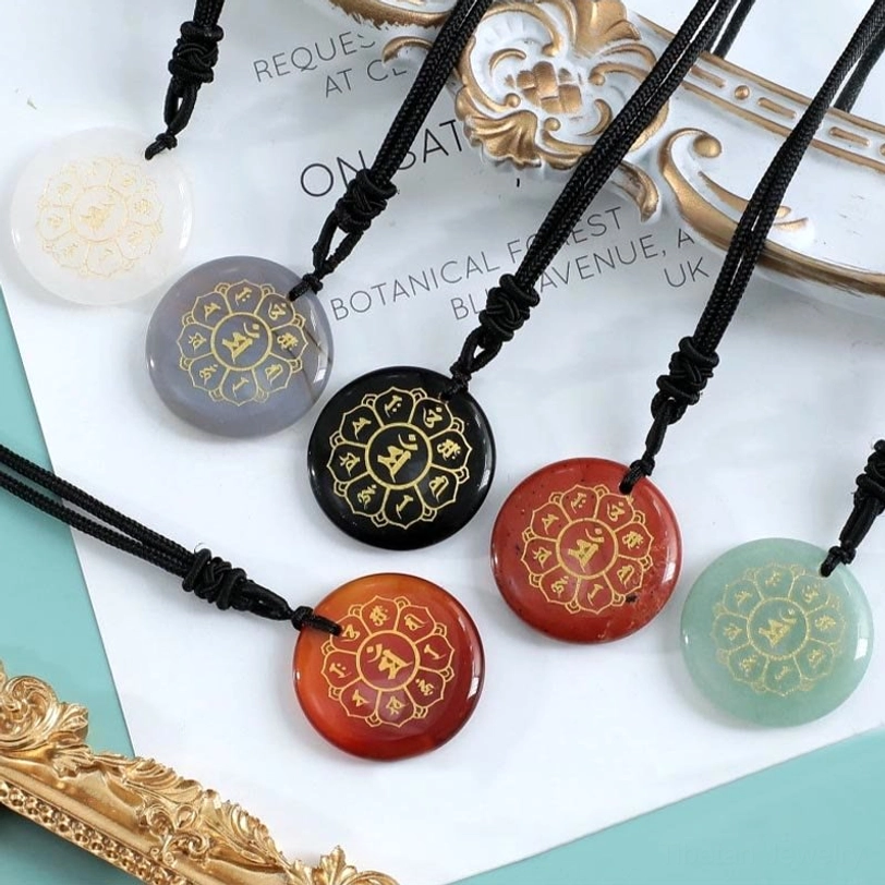 Handmade tibetan Om Mani Padme Hum crystal pendant necklace with golden engravings