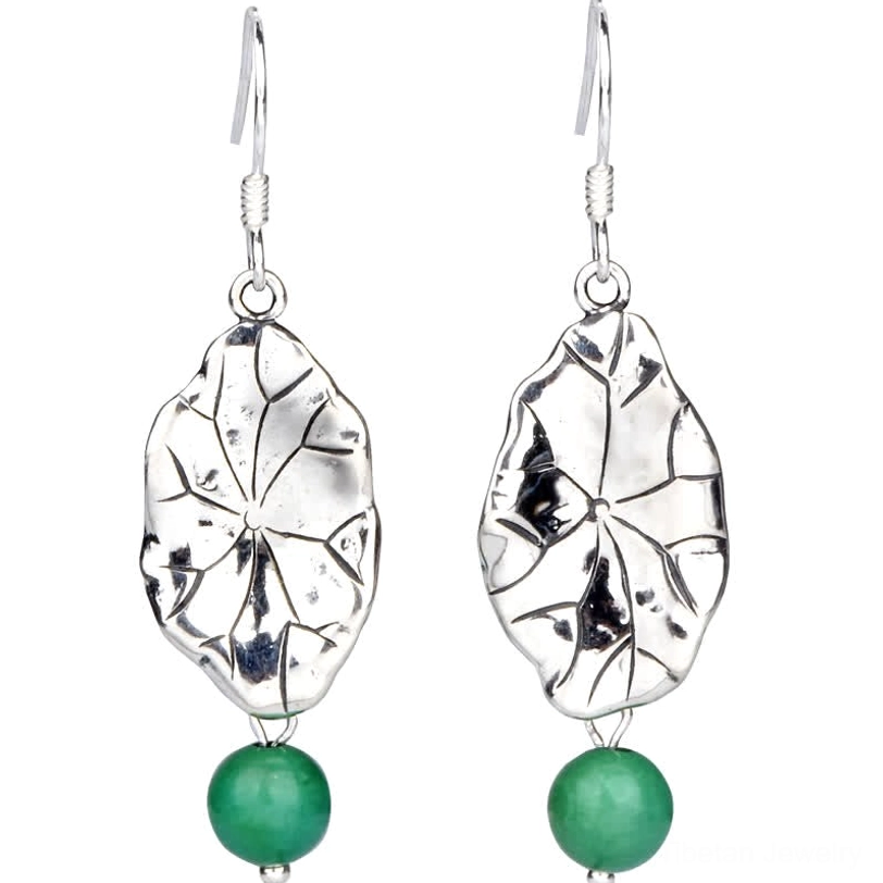Handcrafted turquoise lotus leaf drop earrings with 925 sterling silver and natural stone detail