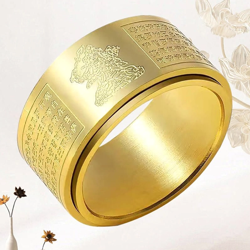 Titanium steel Heart Sutra Buddha ring reflecting light showing polished finish and engraved text