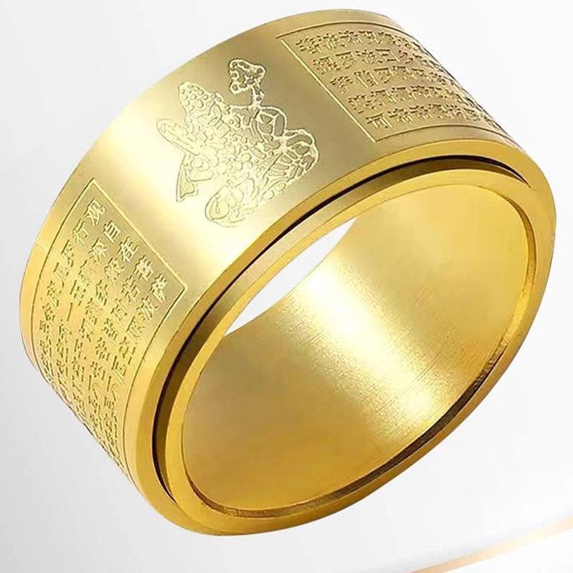 Close-up detail of Heart Sutra engraving on titanium steel zodiac Buddha ring showing intricate carving