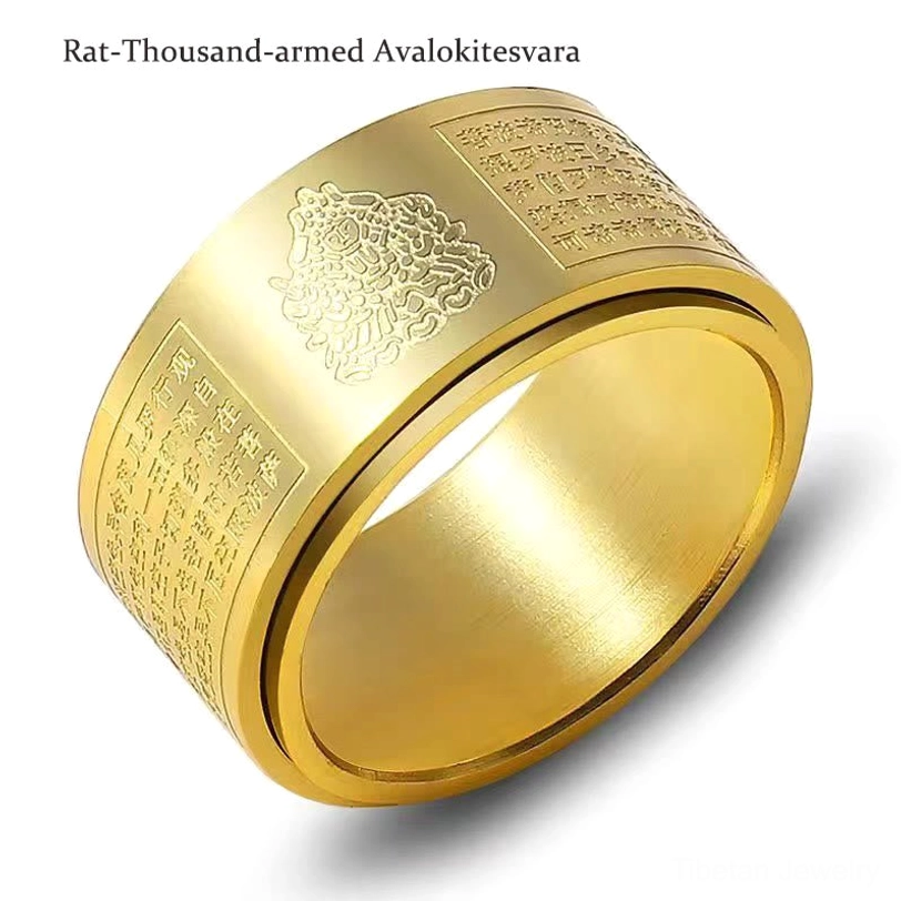 Heart Sutra spinning ring with rotating band and Buddhist deity carving for mindfulness meditation