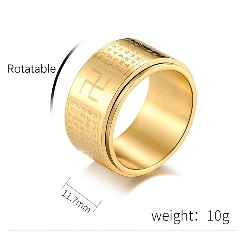 Heart Sutra Swastika Ring product illustration with specifications - 11.7mm width, 10g weight, rotatable design