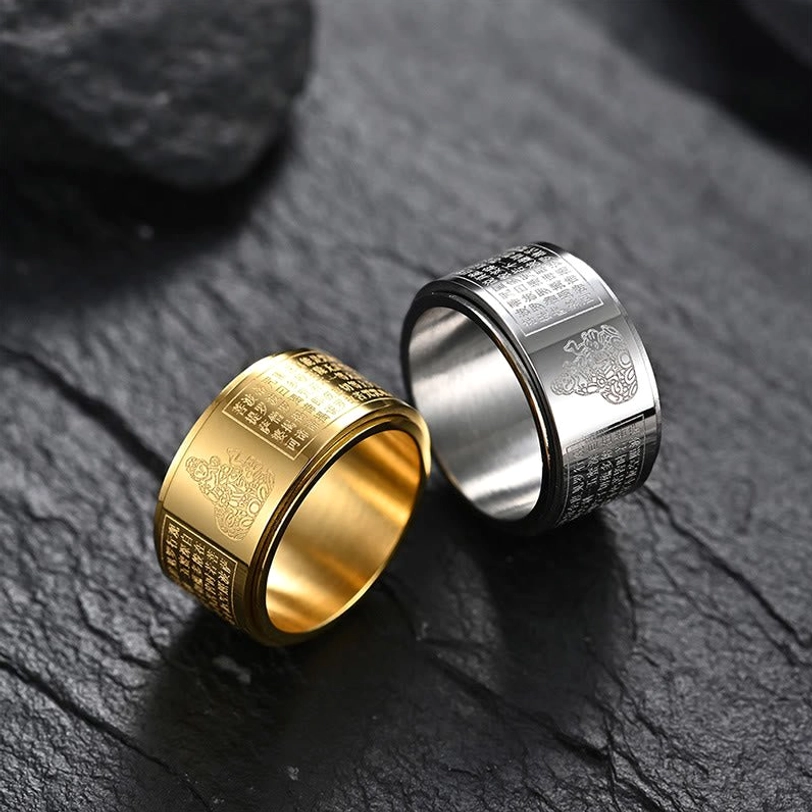 Buddhist Heart Sutra spinner ring with rotating meditation band and titanium steel construction