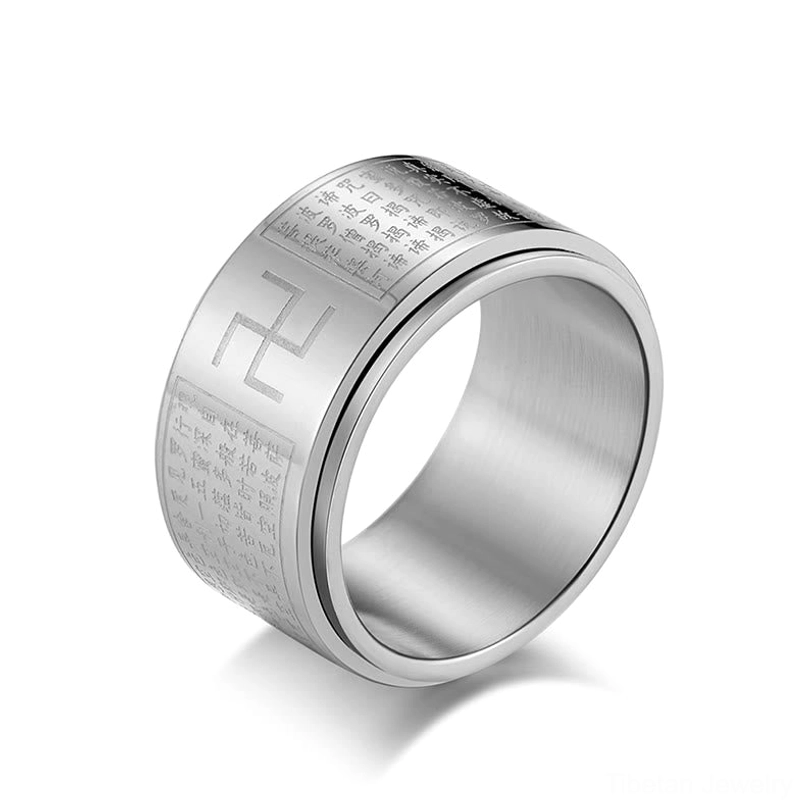 Heart Sutra Swastika Rotatable Ring complete product showcase - spiritual jewelry with Buddhist symbolism