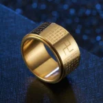 Gold Heart Sutra Swastika Rotatable Ring with laser-engraved Buddhist text - 3/4 side view
