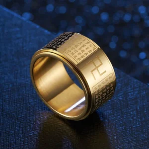 Gold Heart Sutra Swastika Rotatable Ring with laser-engraved Buddhist text - 3/4 side view