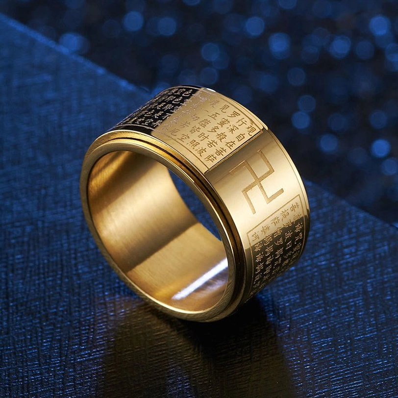 Gold Heart Sutra Swastika Rotatable Ring with laser-engraved Buddhist text - 3/4 side view