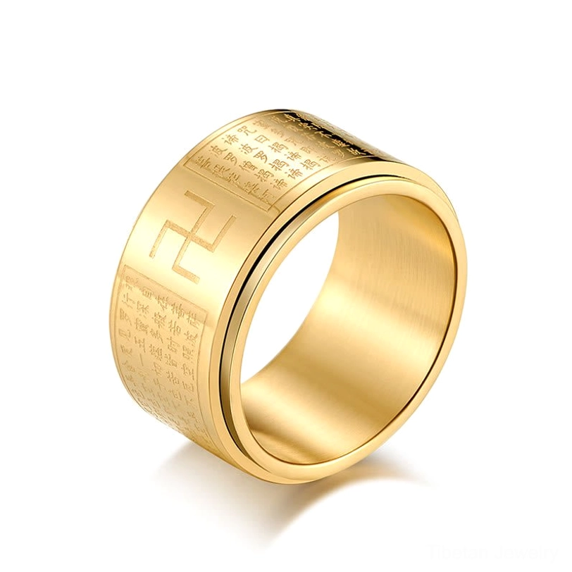 Polished Gold Heart Sutra Rotatable Ring with clear Buddhist text engraving on white background