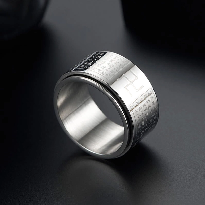 Silver Heart Sutra Swastika Rotatable Ring with polished finish and engraved Buddhist scriptures