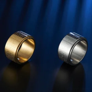 Gold and Silver Heart Sutra Rotatable Rings side by side - Buddhist spiritual jewelry comparison