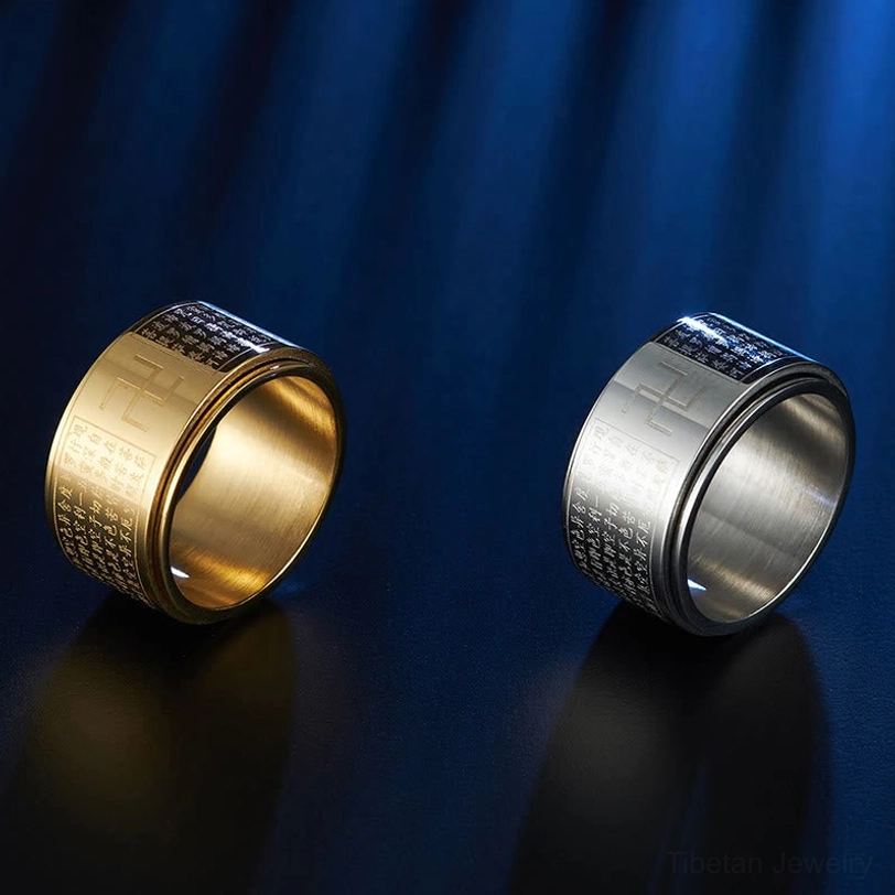 Gold and Silver Heart Sutra Rotatable Rings side by side - Buddhist spiritual jewelry comparison