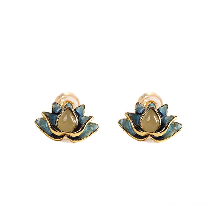 Matching pair of cyan jade lotus stud earrings front view on plain light background, sterling silver with gold plated finish