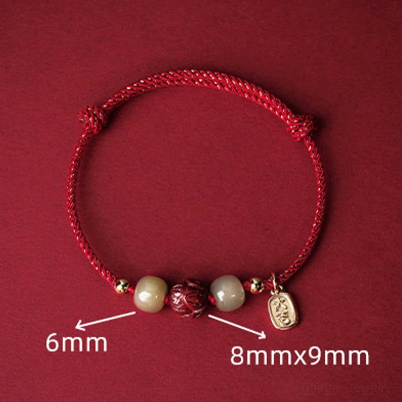 Red rope Hetian jade bracelet with labeled bead sizes and gold charm pendant detail
