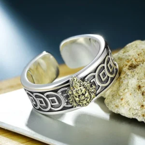 Tibetan Jambhala protection ring side angle display with antique silver and brass finish
