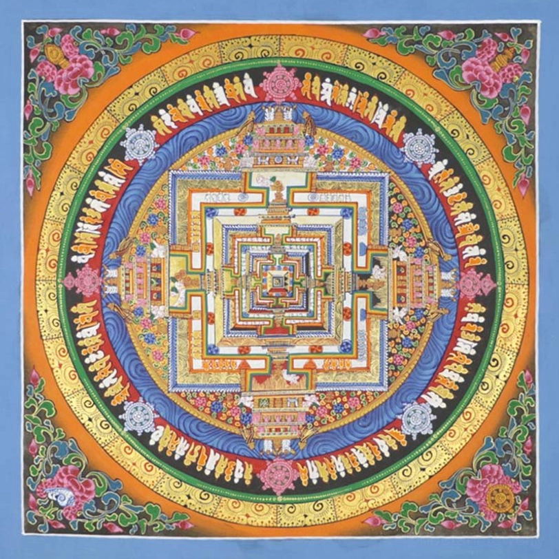 Kalachakra mandala thangka with blue decorative border, orange background base and gold decorative filigree accents throughout
