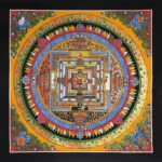 Kalachakra mandala thangka overhead view with intricate circular geometric patterns, bright multicolor design and gold filigree borders