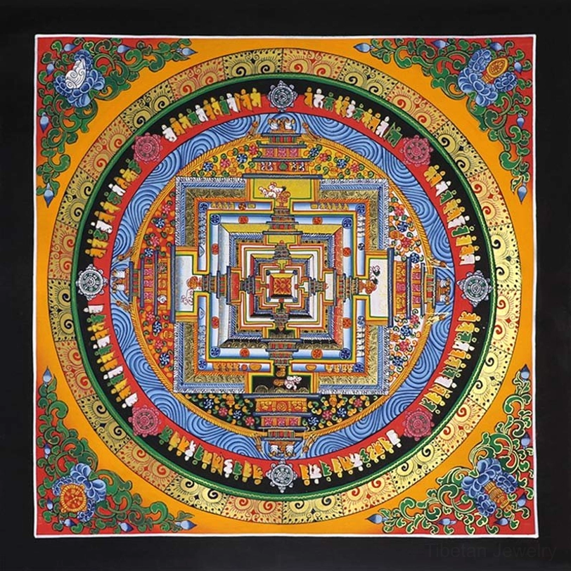 Kalachakra mandala thangka overhead view with intricate circular geometric patterns, bright multicolor design and gold filigree borders