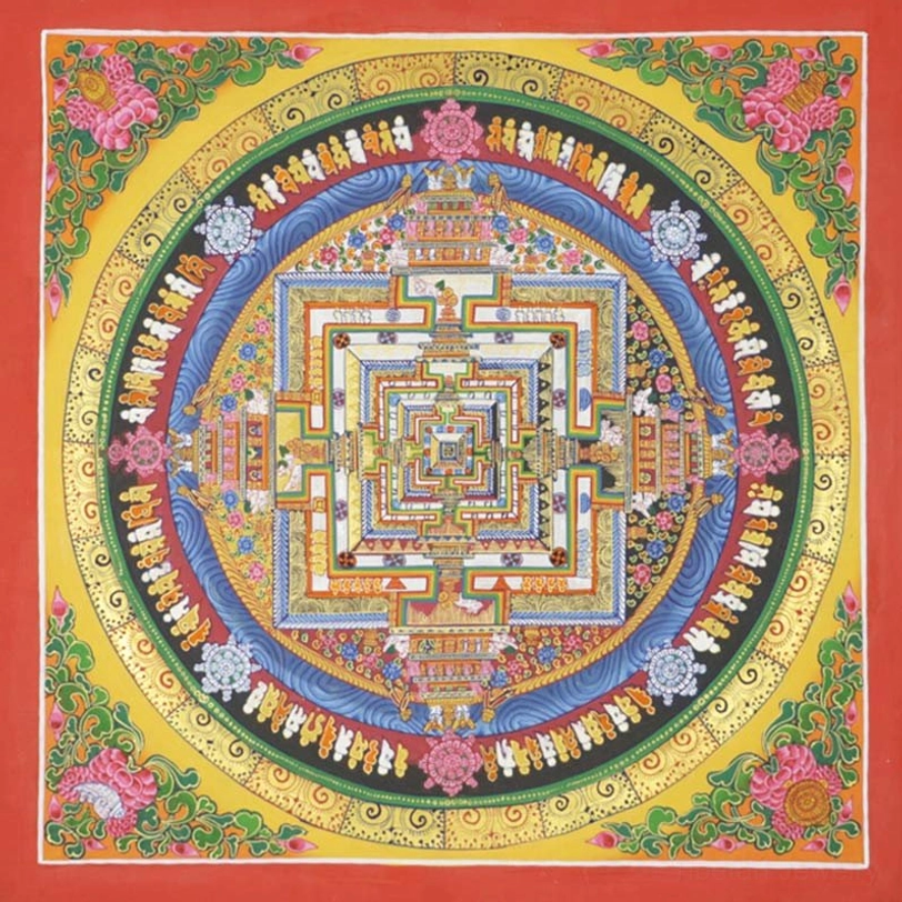 Kalachakra mandala thangka with red decorative border, bright yellow background and intricate circular Buddhist mandala design