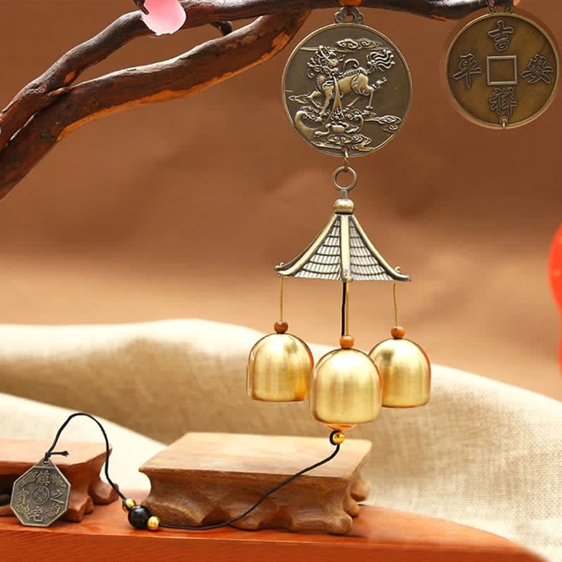 Kirin legendary celestial creature wind chime with bronze medallion An Ping copper coin three brass bells protection