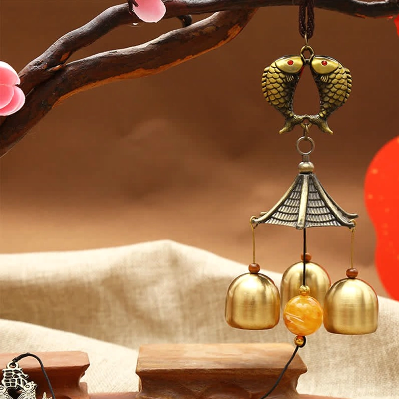 Double koi fish wind chime with koi metal ornament amber bead three brass bells prosperity abundance decor