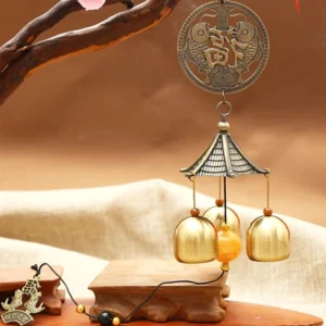 Fu character koi fish wind chime with bronze coin amber bead three brass bells Tibetan Buddhist hanging decor