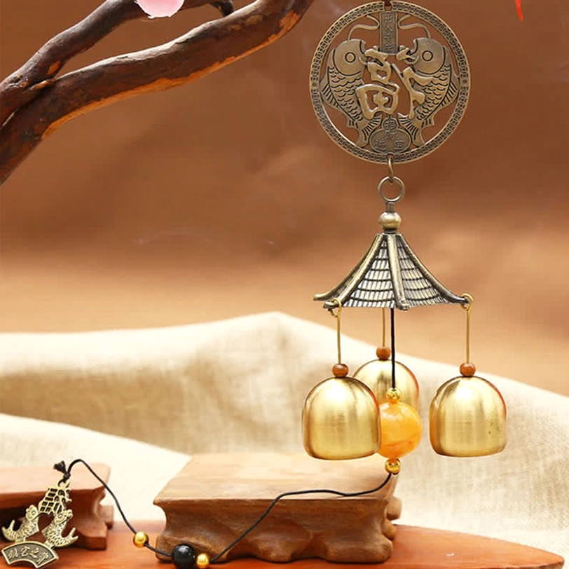 Fu character koi fish wind chime with bronze coin amber bead three brass bells Tibetan Buddhist hanging decor