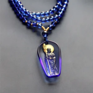 Ksitigarbha Bodhisattva Liuli crystal pendant necklace with gradient blue glass and golden halo monk staff detail