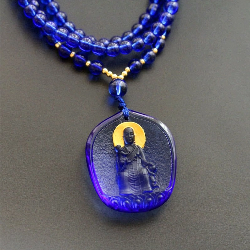 Deep blue Liuli crystal Ksitigarbha with child pendant seated Buddha golden halo layered beaded chain
