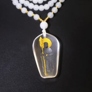 Tibetan Buddhist white Liuli crystal Ksitigarbha pendant with layered beaded chain clear glass