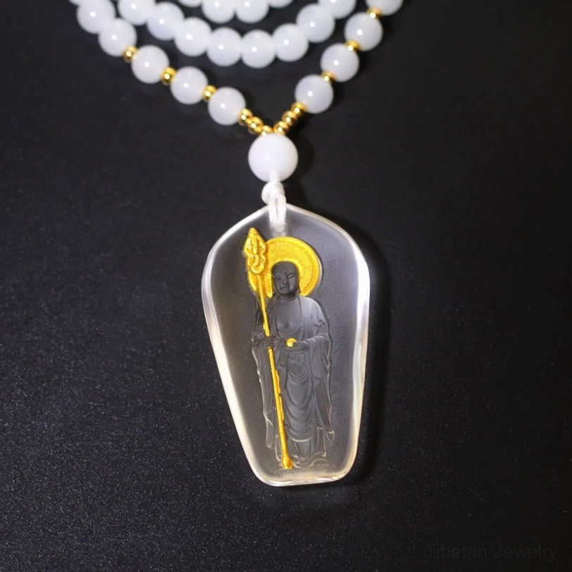 Tibetan Buddhist white Liuli crystal Ksitigarbha pendant with layered beaded chain clear glass