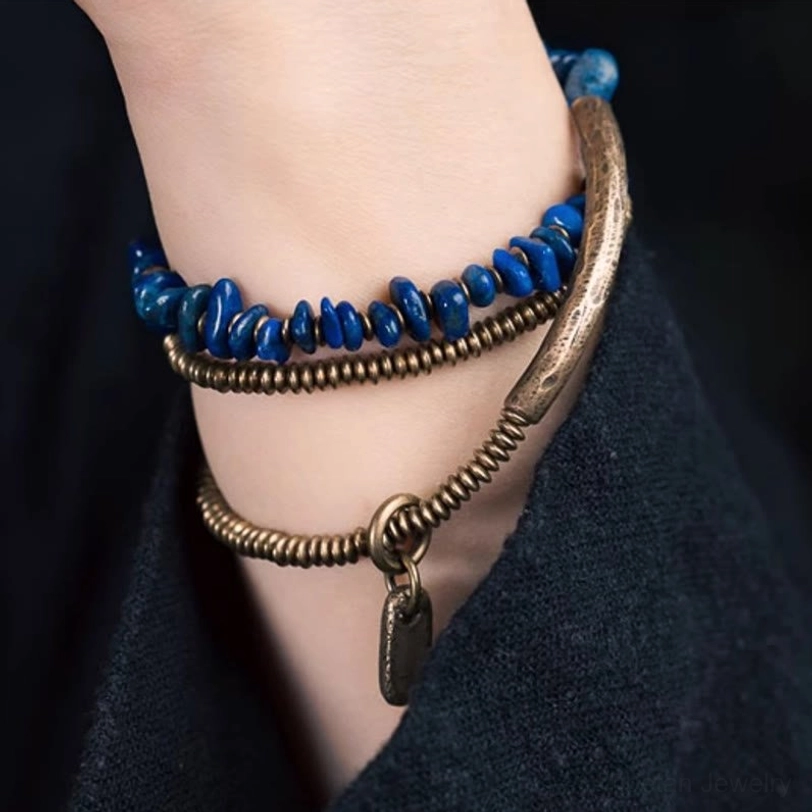 Lapis lazuli triple wrap bracelet variant showing multiple size options and copper hardware details
