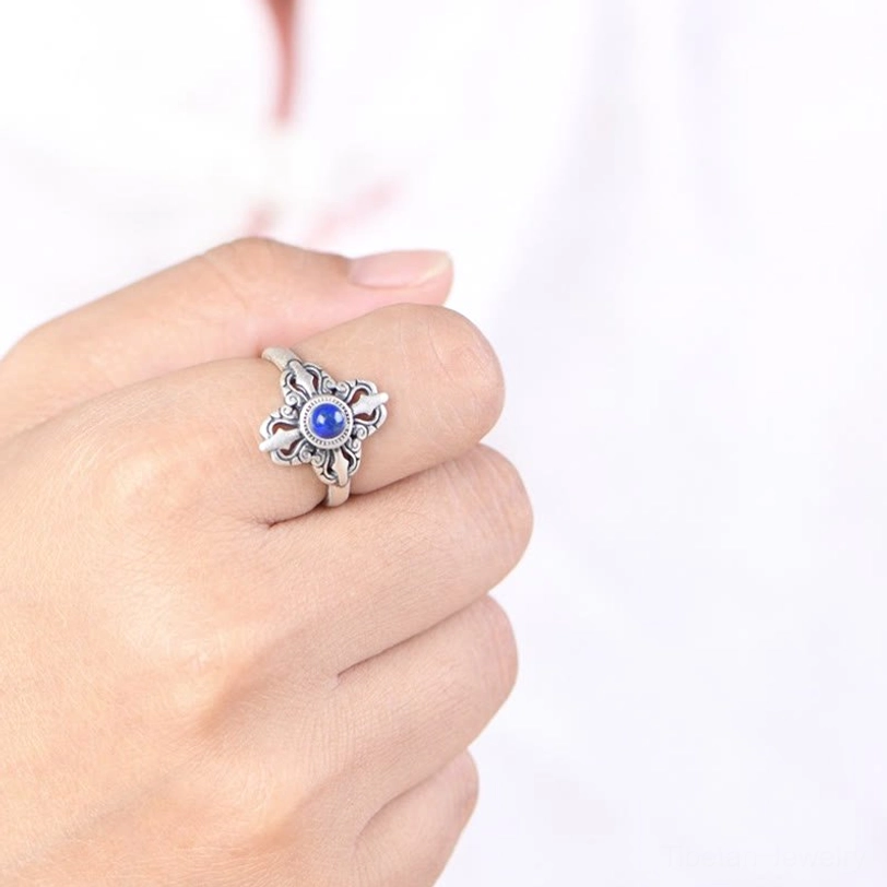 Tibetan lapis lazuli ring worn on hand showing middle finger placement in daily wear
