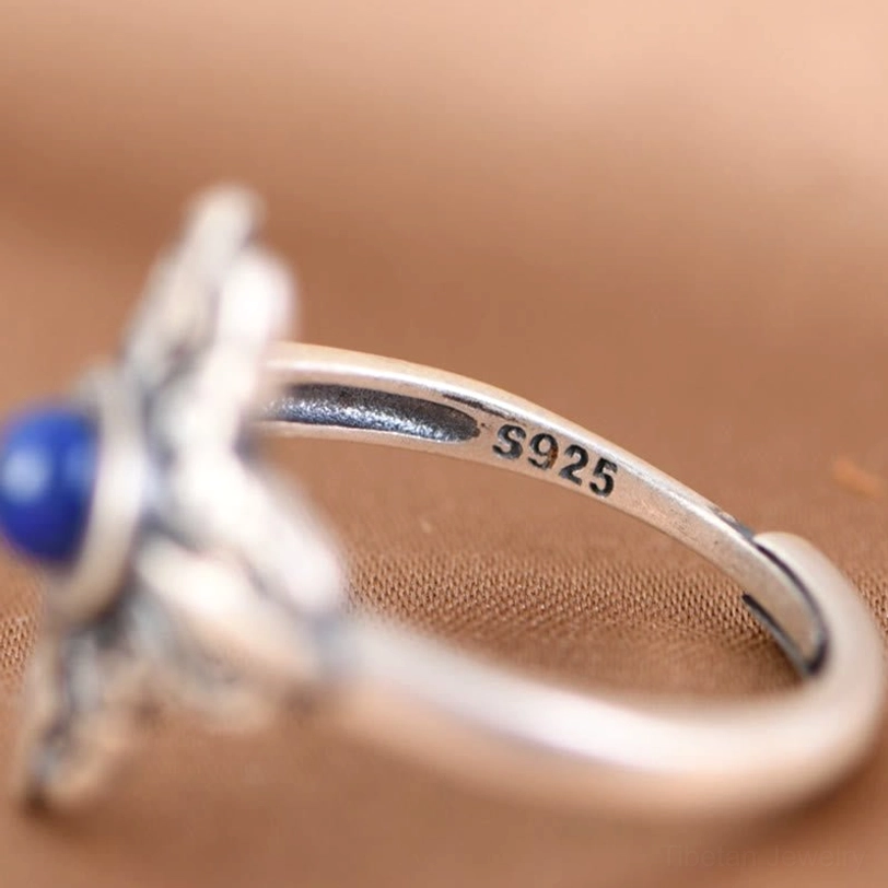 Inner band of 925 sterling silver lapis lazuli ring showing S925 hallmark and open adjustable design