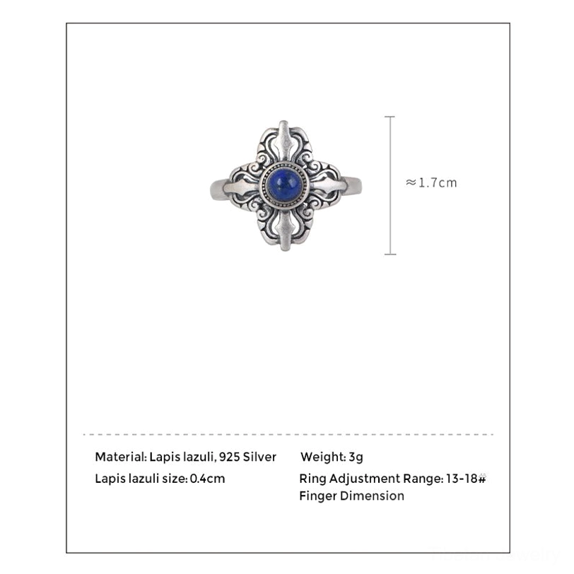 Tibetan lapis lazuli ring specifications showing 1.7cm size, 925 silver, adjustable 13-18, 3g weight