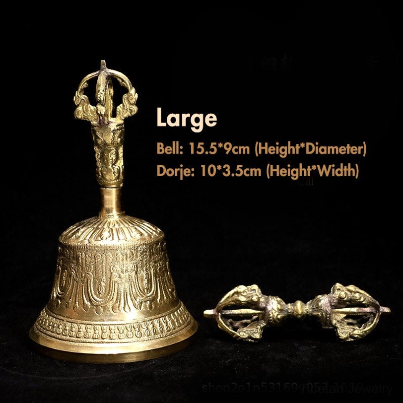 Large Tibetan bell and vajra dorje set impressive scaled display showing 15cm x 9cm bell with 10cm x 3.5cm dorje handcrafted copper ritual object