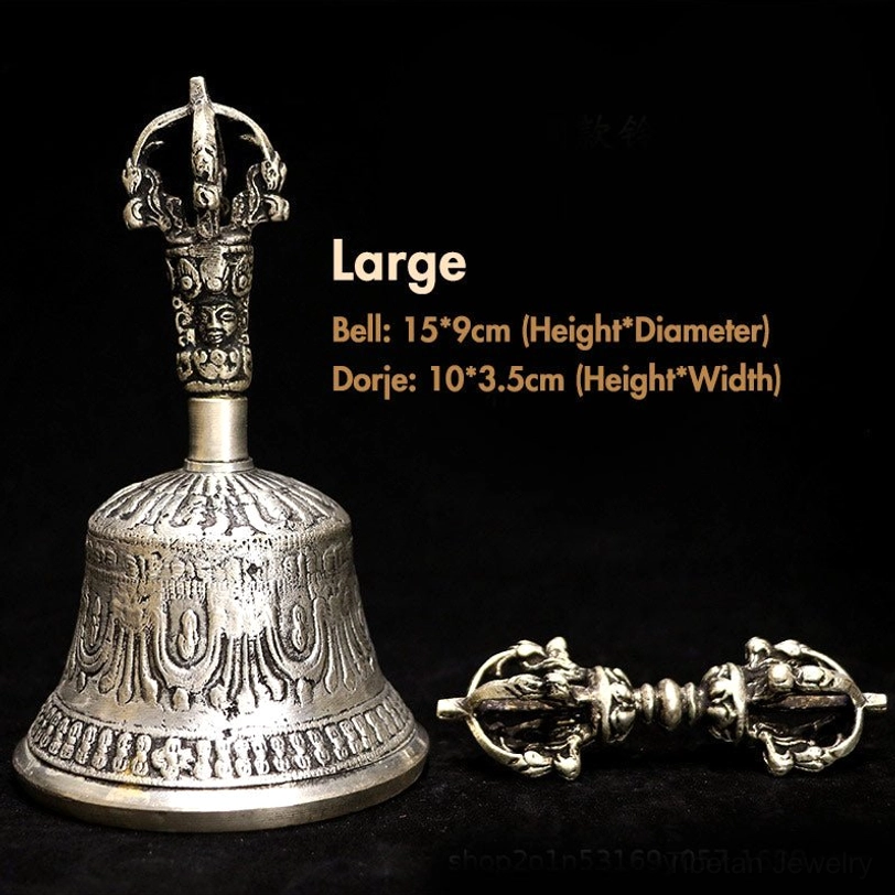 Large size Tibetan bell and dorje set front flat lay view on black studio background, bell 15x9cm dorje 10x3.5cm, impressive handcrafted copper scale