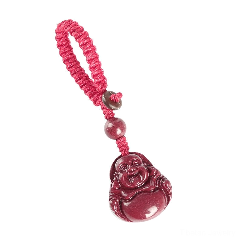 Laughing Buddha cinnabar blessing necklace lay flat photography showing complete composition
