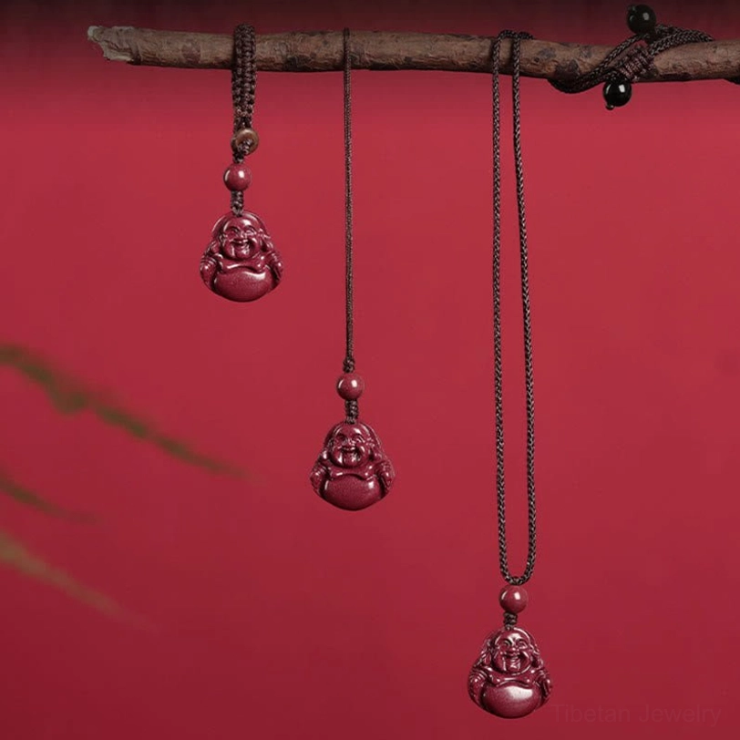 Laughing Buddha cinnabar hanging ornament set displayed on red background with multiple rope length options